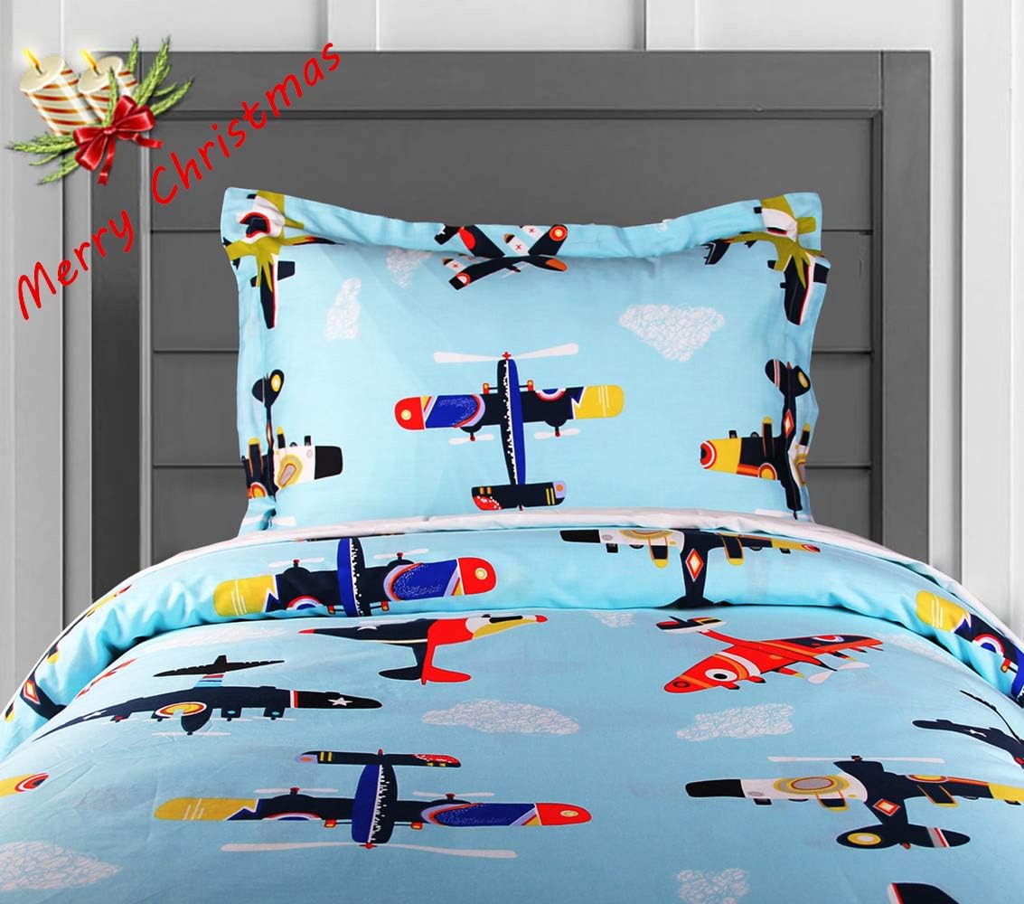 Boys Duvet Cover Twin, 100% Cotton Bedding, Airplane Pattern Reversible Printed Cute Carton Blue Duvet Cover for Kids, 80"x90", No Comforter