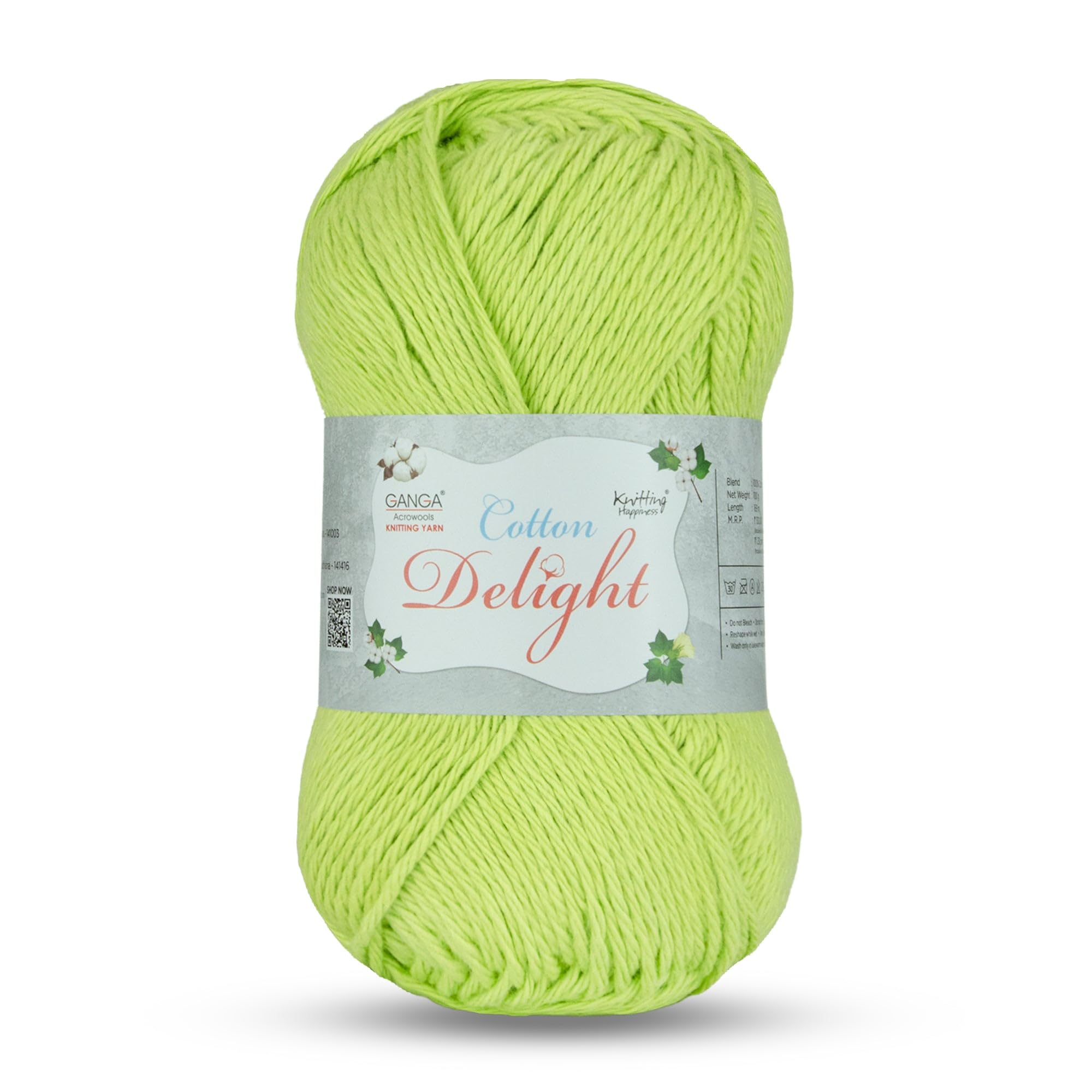 Ganga Acrowools Cotton Delight, Dk Weight Cotton Yarn, Oekotex Class L Certified 100G, 169M, Pack of 1 Ball - 100gm Each, Shade No. - COD049 - Lime