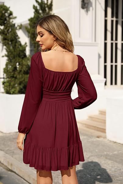 Vestidos Para Mujer, Cuello Cuadrado, Malla De Manga Larga, Fruncido, Vestido De Cóctel Para Mujer, Mini Vestido De Discoteca, Azul/claro, X-Large