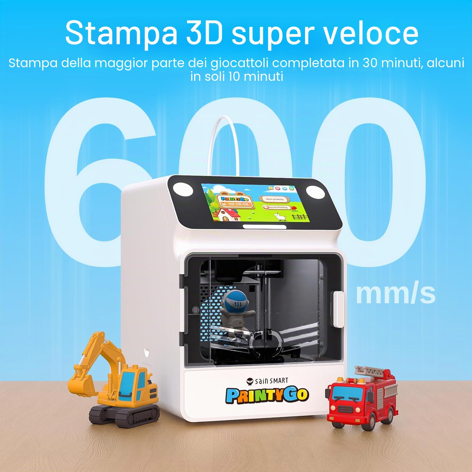 Stampante 3D PrintyGo Mini per bambini, stampante autolivellante da 600 mm/s per principianti con touch screen da 5", design sicuro per bambini, controllo Wi-Fi/app, regalo di apprendimento STEM