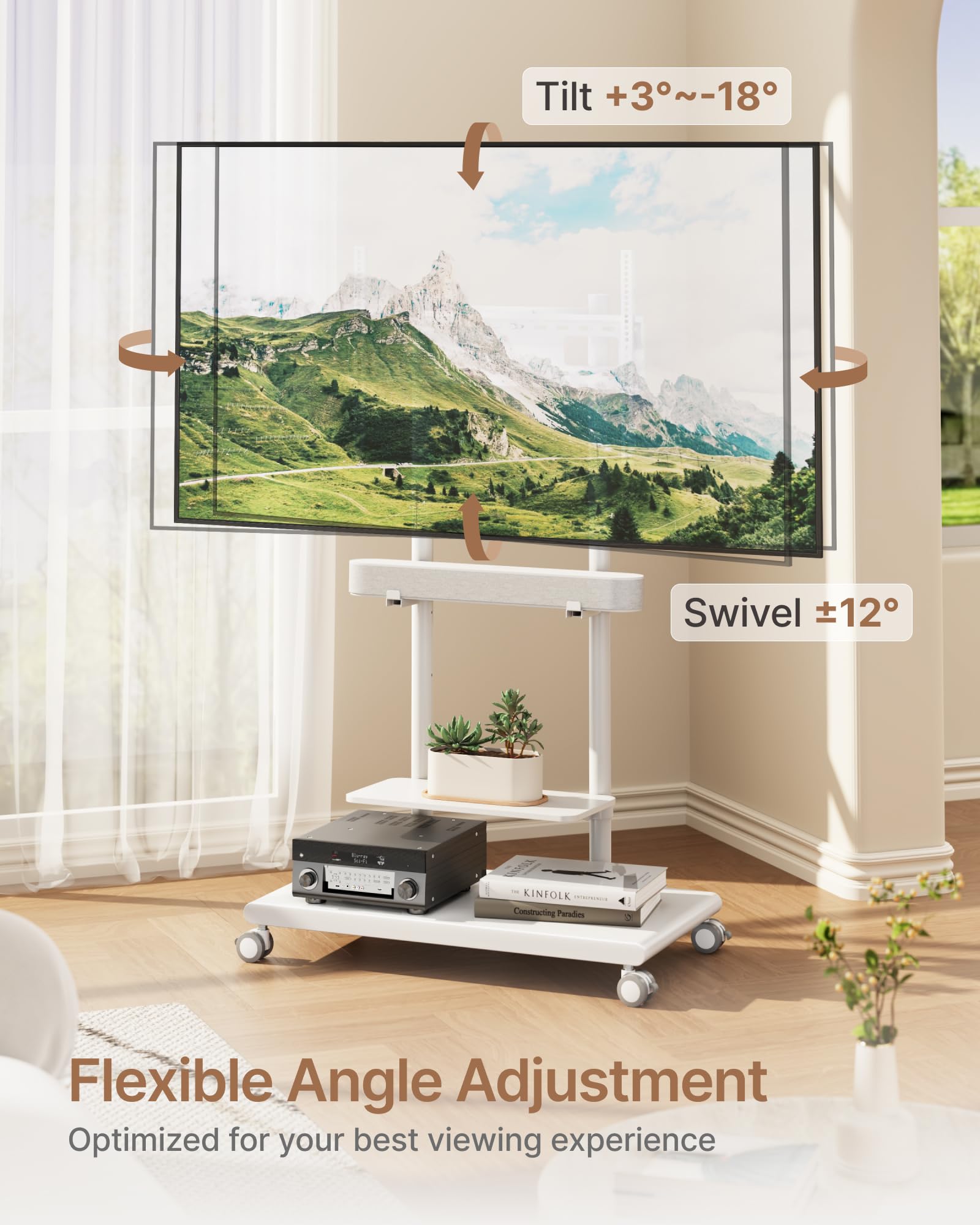 Base in acciaio mobile per TV con supporto soundbar per TV da 50-90 pollici fino a 69,9 kg, girevole e inclinabile, con ampio spazio di archiviazione, carrello per TV resistente regolabile in