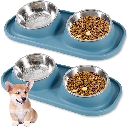 Miniatura 1 de BNOSDM Juego de 2 tazones de acero inoxidable dobles para perros, comedero para cachorros y tapete inclinado a prueba de fugas para gatos, juego