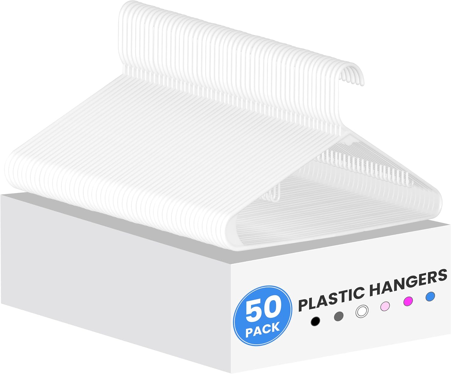 InfiniPower 50 Pack Plastic Hangers with Hooks, Durable, Space Saving Clothes Hangers with Non-Slip Hooks for Shirts, Coats, Dresses, White
