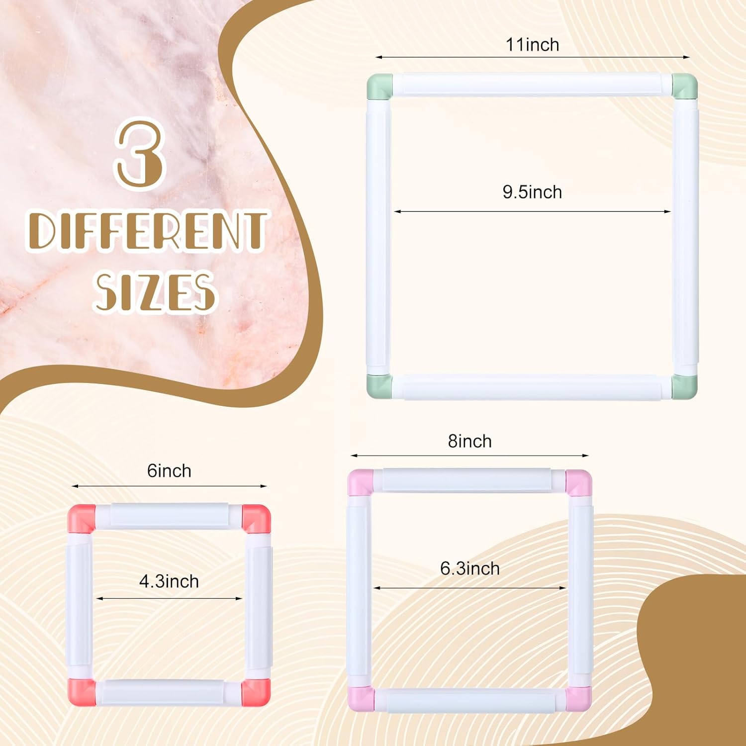 Janinka Embroidery Hoop 3 Pcs Cross Stitch Hoops and Frames White Rectangular Cross Stitch Embroidery Snap Frame DIY Sewing Tool for Quilting Silk-Painting 6 x 6, 8 x 8, 11 x 11 in (Mixing Colors)