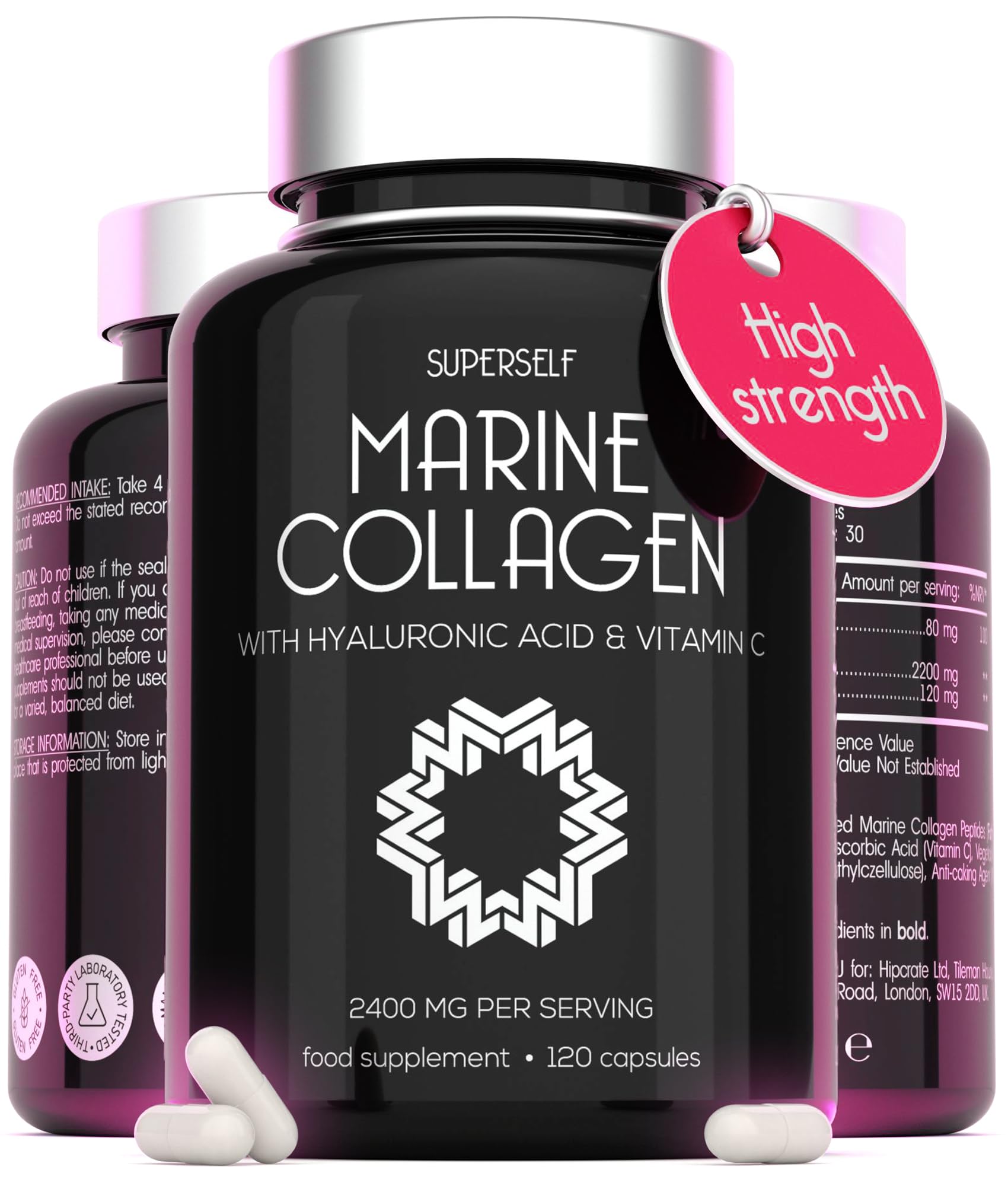 Marine Collagen Capsules 2200mg - with Hyaluronic Acid & Vitamin C - High Strength Complex for Skin Hair Support - Premium Type 1 Peptides - Collagen Supplements for Women & Men - 120 Capsules
