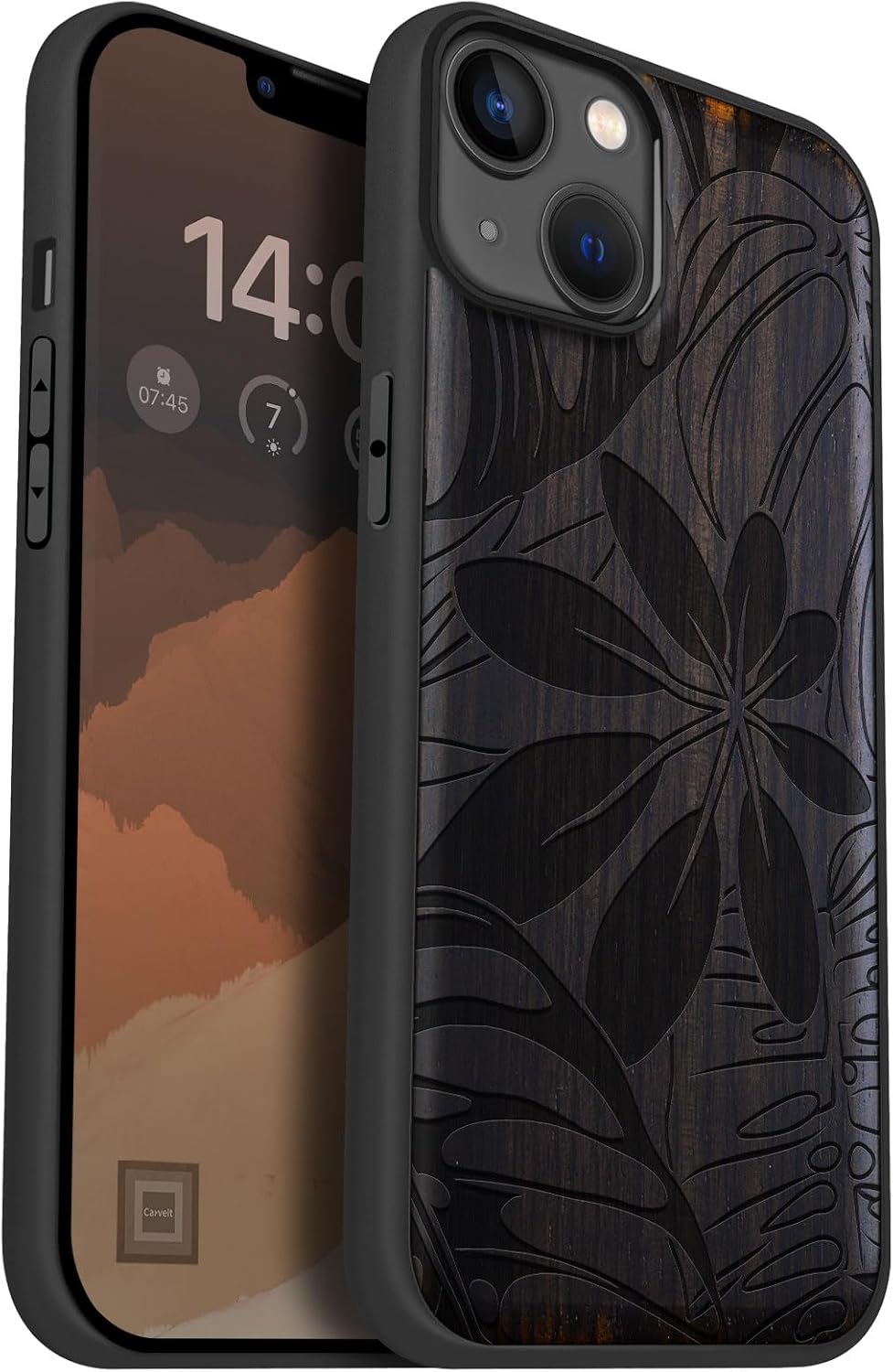 Carveit Magnetic Wood Case for iPhone 14 Plus - Natural Wood & Black Soft TPU - Shockproof Protective Cover - Unique & Classy Wooden Case - Compatible with MagSafe (Tropical Leaf Mix -Blackwood)