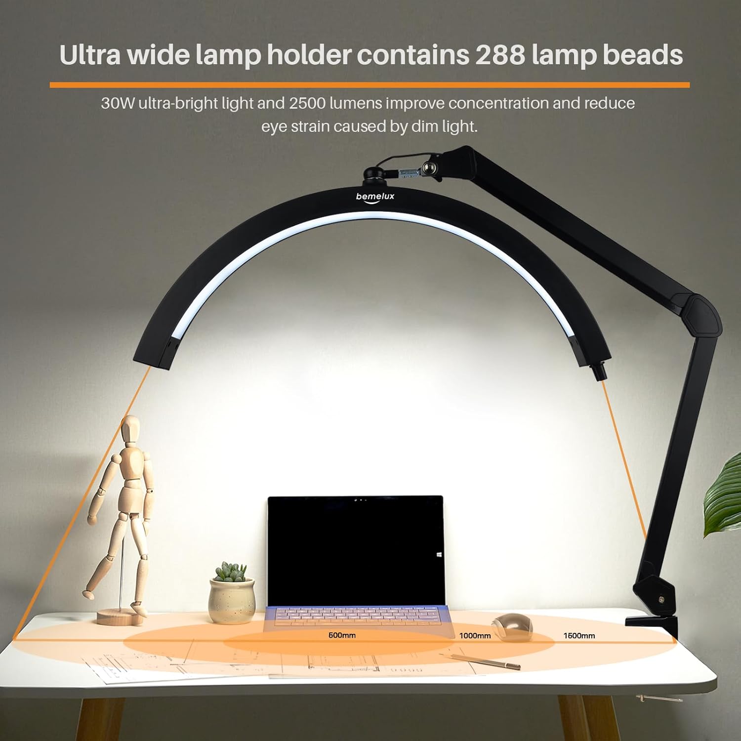 LED Half Moon Light with Desk Clamp, 30W Bright 288PCS LEDs, Metal Swing Arm for Beauty, Nail Art, Makeup, Facial Care, Tattoos, Sewing and Hand Craft DIY(Black)