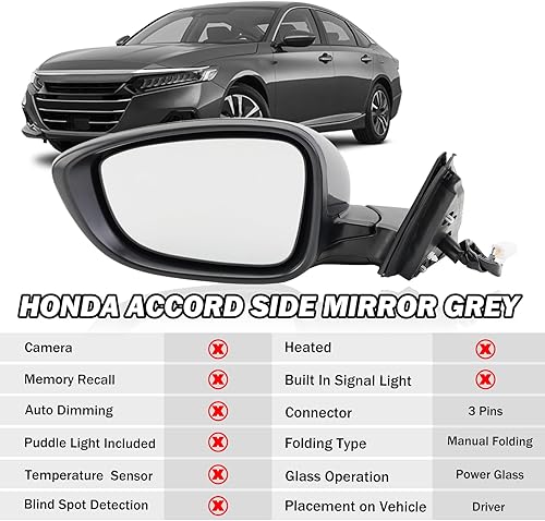 Miniatura 2 de Espejo lateral izquierdo del conductor compatible con Honda Accord 2018, 2019, 2020, 2021, espejos eléctricos, sin calefacción, deportivo 1.5T,