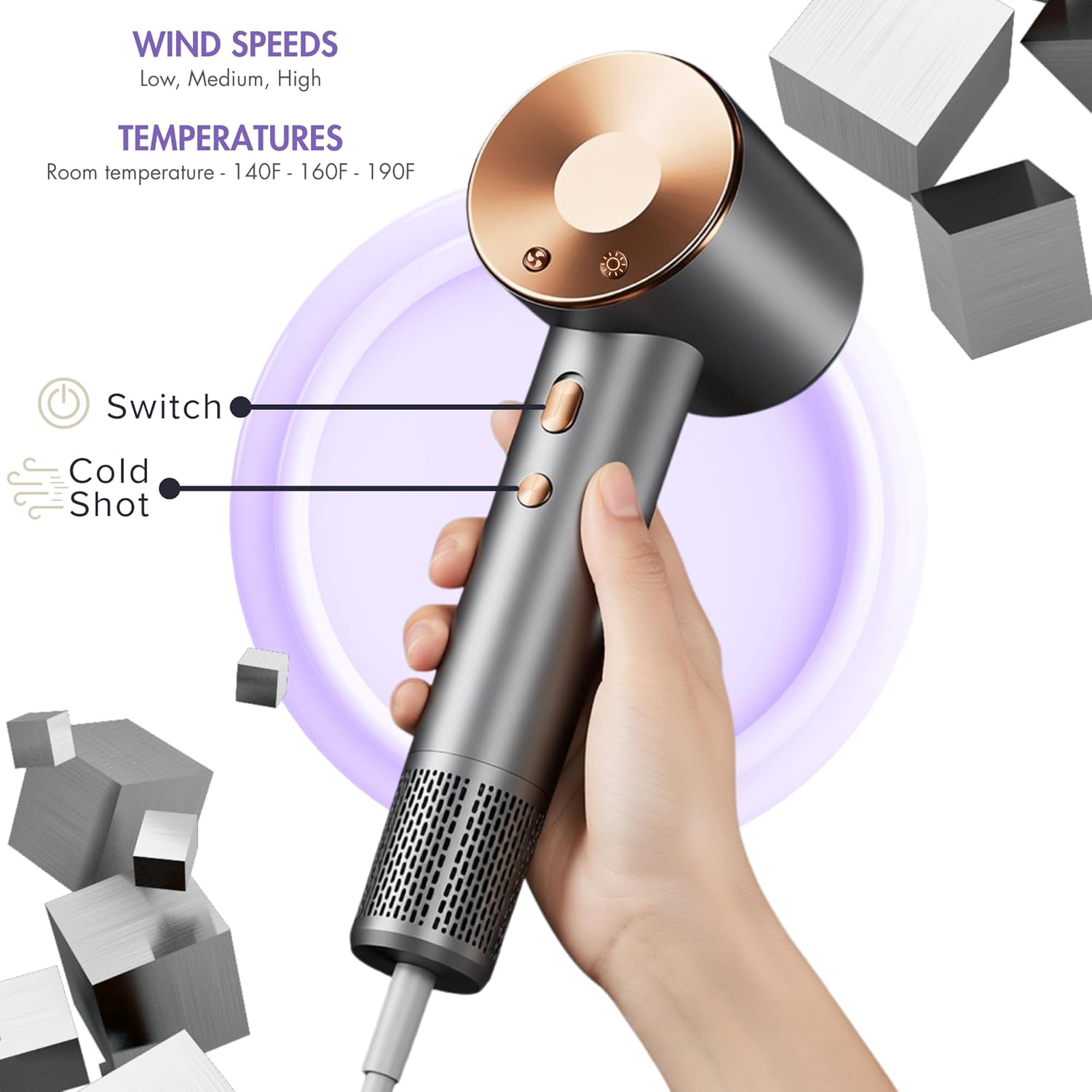 AXURA High Speed Ionic Hair Dryer with Diffuser, 160,000 RPM Brushless Motor for Fast Drying, Heat Control, Magnetic Concentrator Nozzle, Low Noise Lightweight Blow Dryer for Home, Travel & Salon