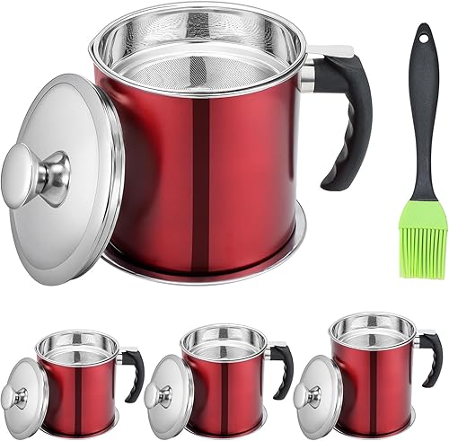 Recipiente de grasa de tocino de 1.3 L  44 onzas con colador, lata roja para almacenamiento de grasa, recogedor de almacenamiento de aceite para