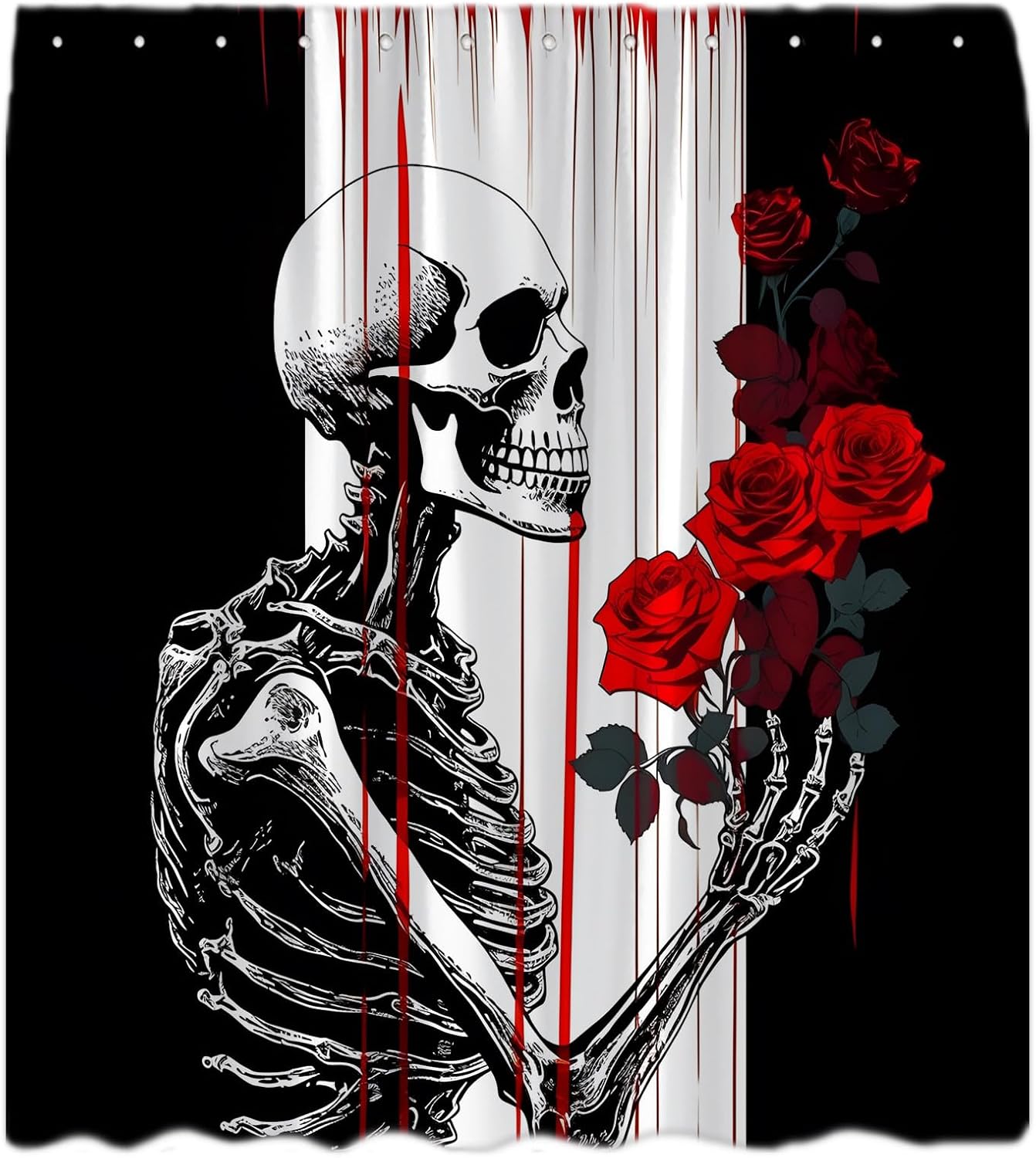 Halloween Shower Curtain Spooky Skeleton Red Rose Black White Stripe Gothic Skull Floral Funny Romantic Love Cool Bathroom Curtain with Hooks