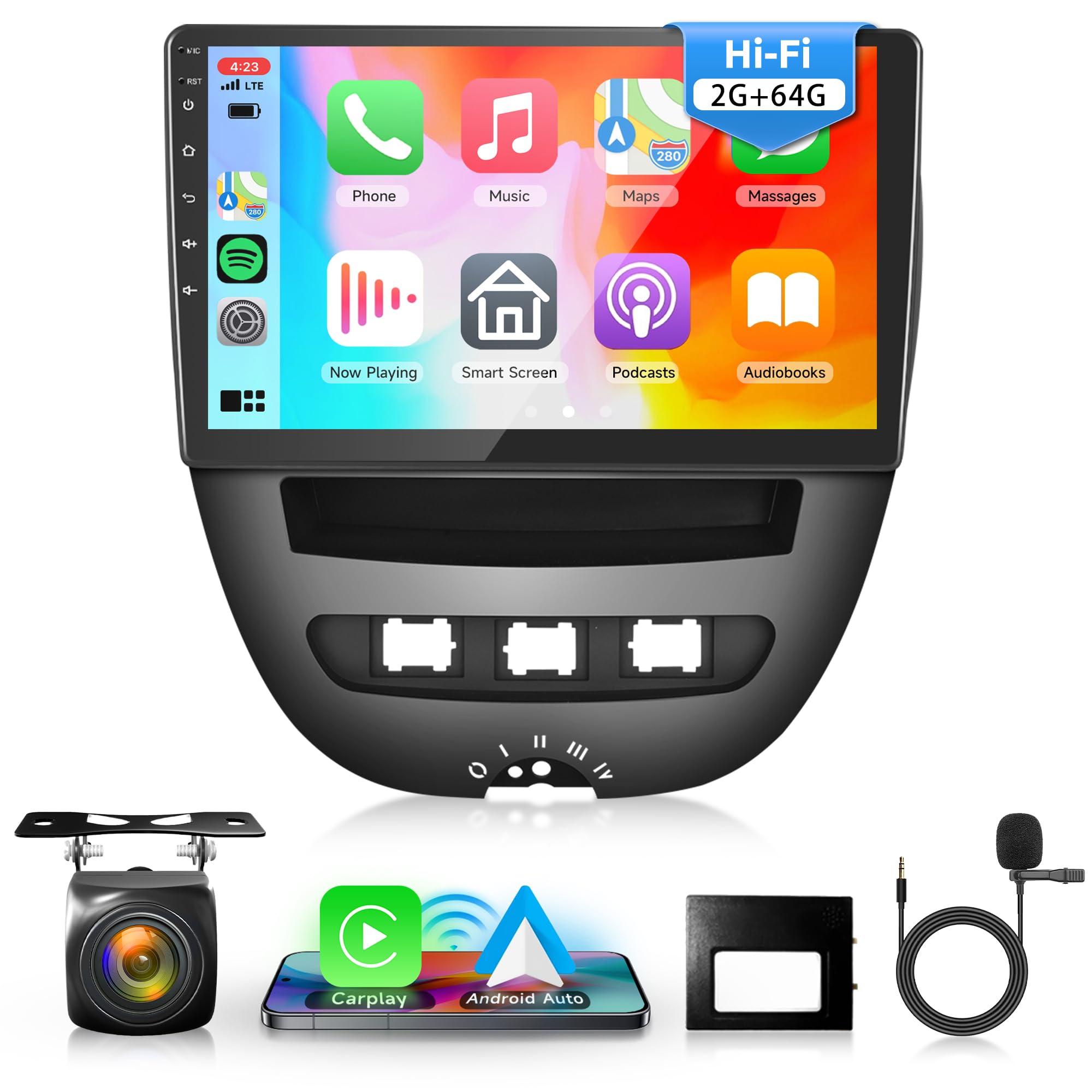 for Peugeot 107/Citroen C1/Toyota Aygo 2004-2014 2G 64G Android Car Stereo with Wireless Carplay Android Auto 10.1 Inch Touch Screen Car Radio with GPS Bluetooth FM RDS HiFi WiFi Backup Camera