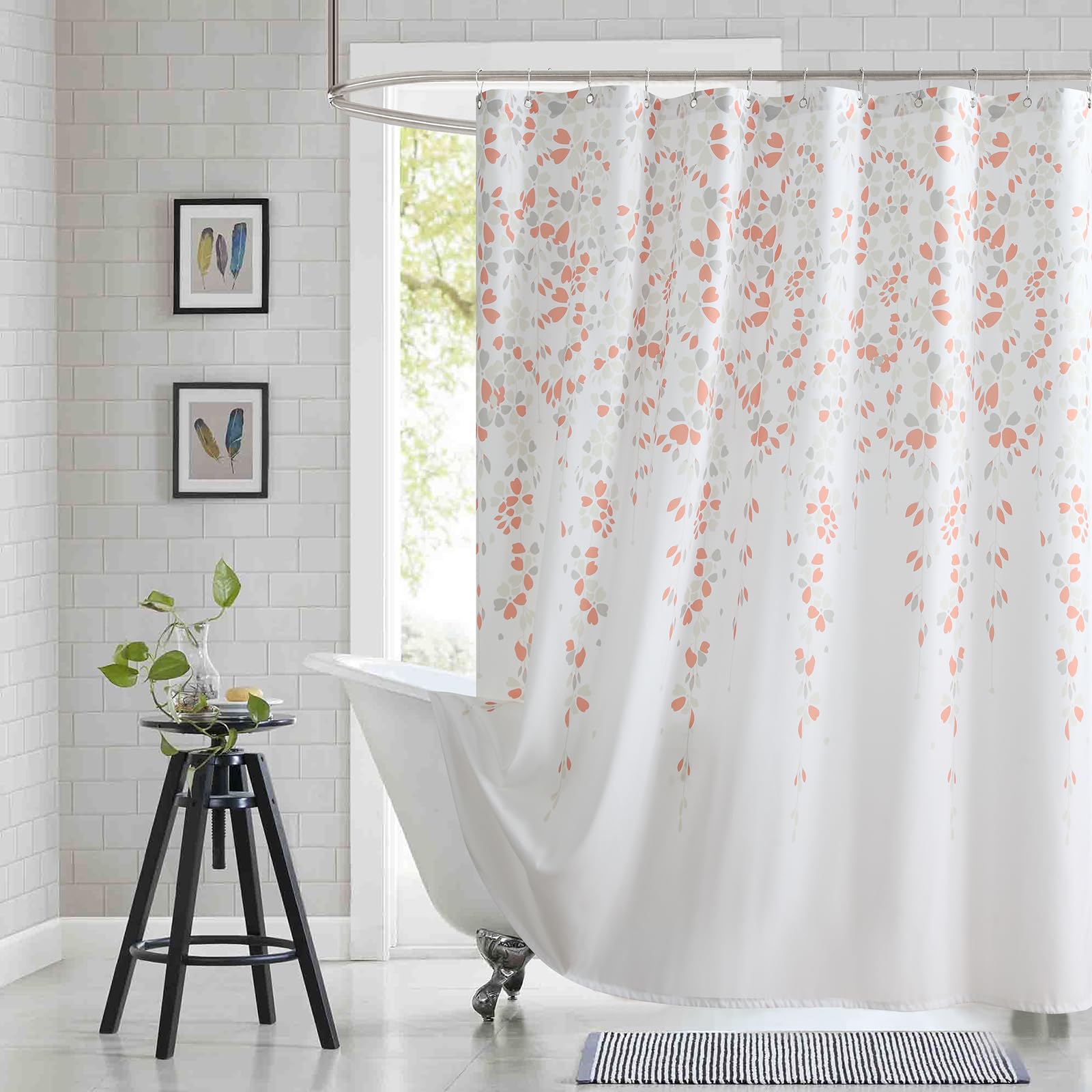 BESTRIPES 54x78 Inch Stall Shower Curtain, Orange and Grey Fabric Shower Stall Curtain, Floral Flower Print Small Shower Curtains for Bathroom, 54" W x 78" H