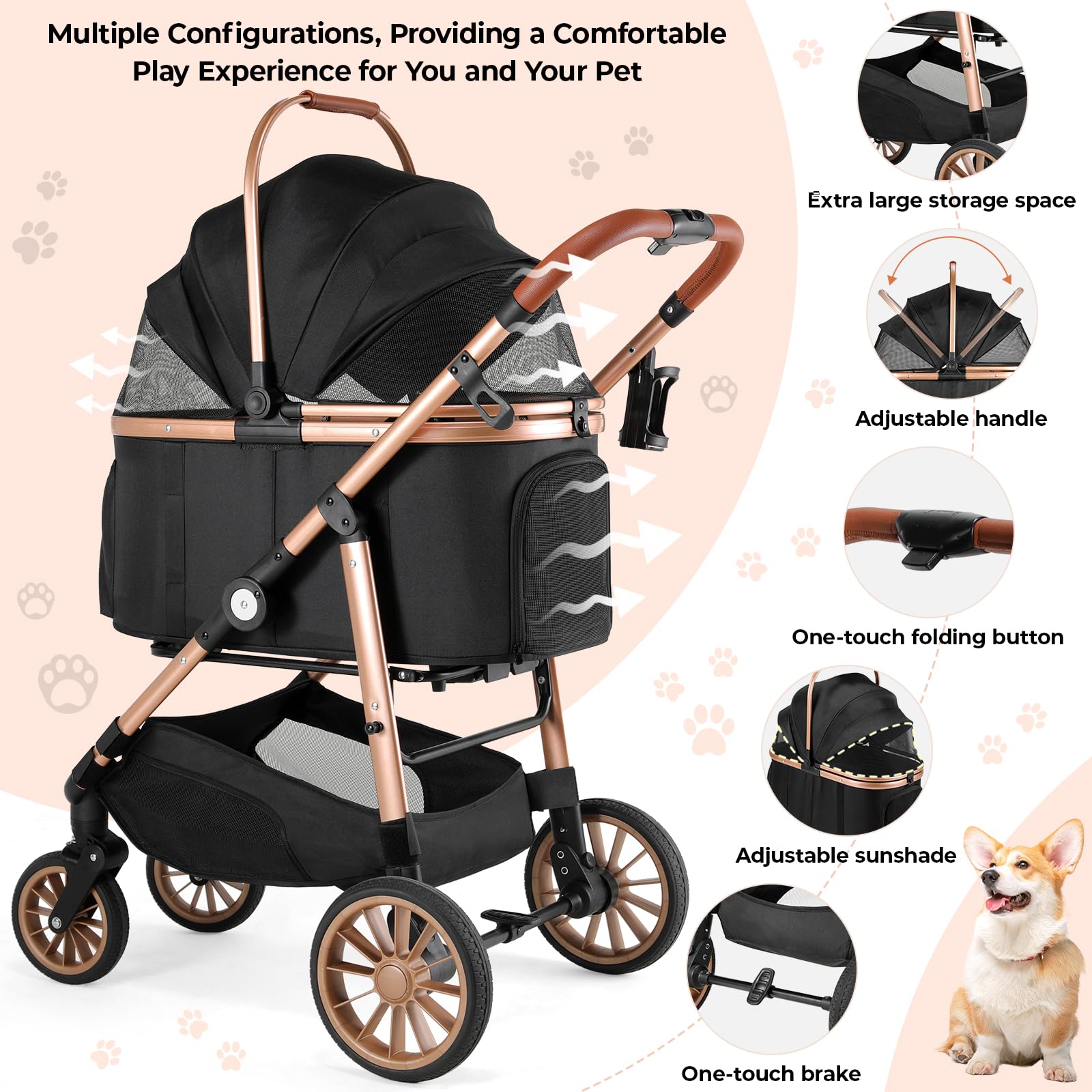 MAMIZO Passeggino per Cani 4 in 1, fino a 25 kg, passeggino per cani con 4 PCS ruote gomma 360° ammortizzate, Pieghevole, finestre a rete cinture sicurezza, borsa per il trasporto per cani, Nero