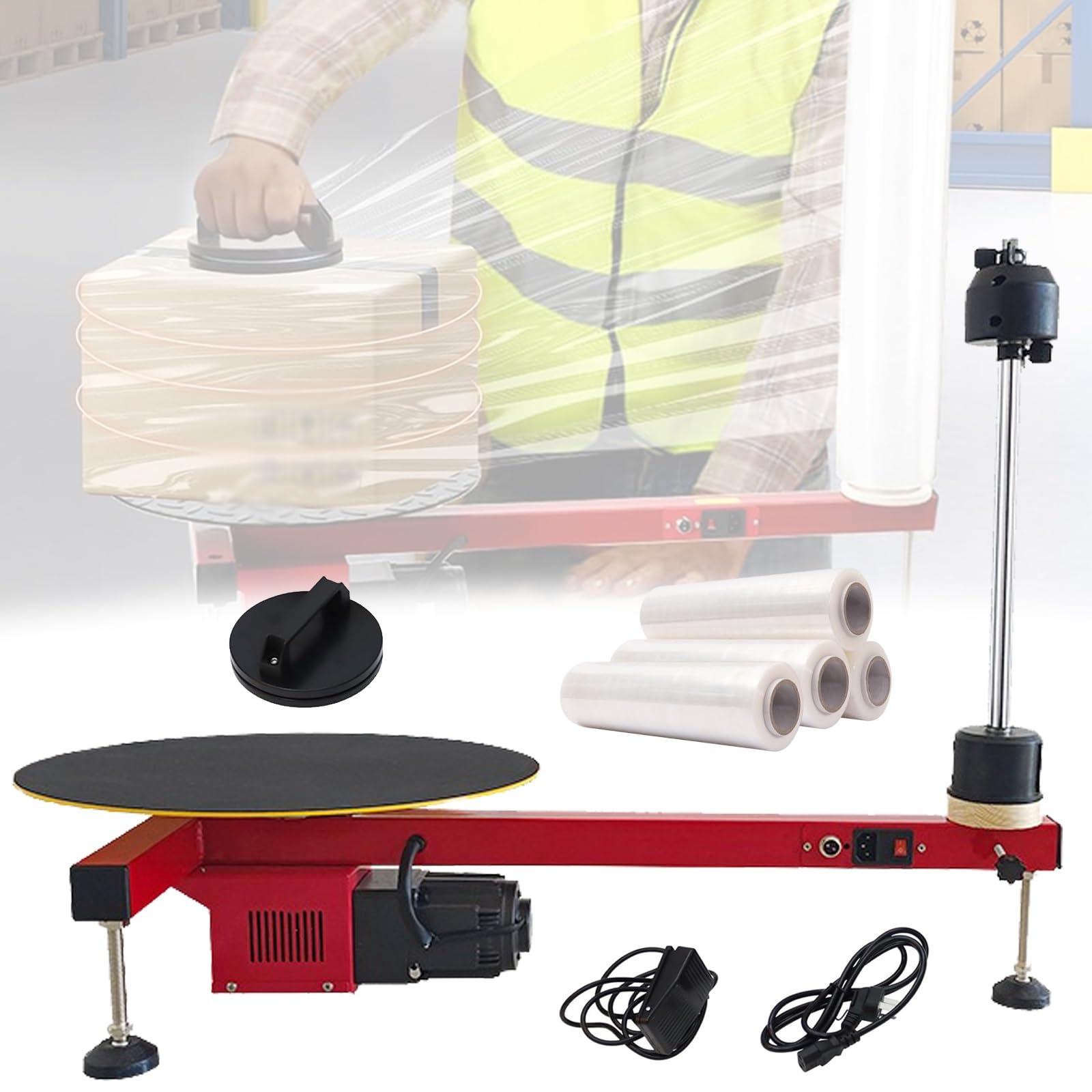 Maszyna do owijania palet folią stretch, elektryczny podajnik folii, stół do owijania z 4 rolkami folii o szerokości 60 cm do kartonów w logistyce ekspresowej, sprzęt do pakowania folią