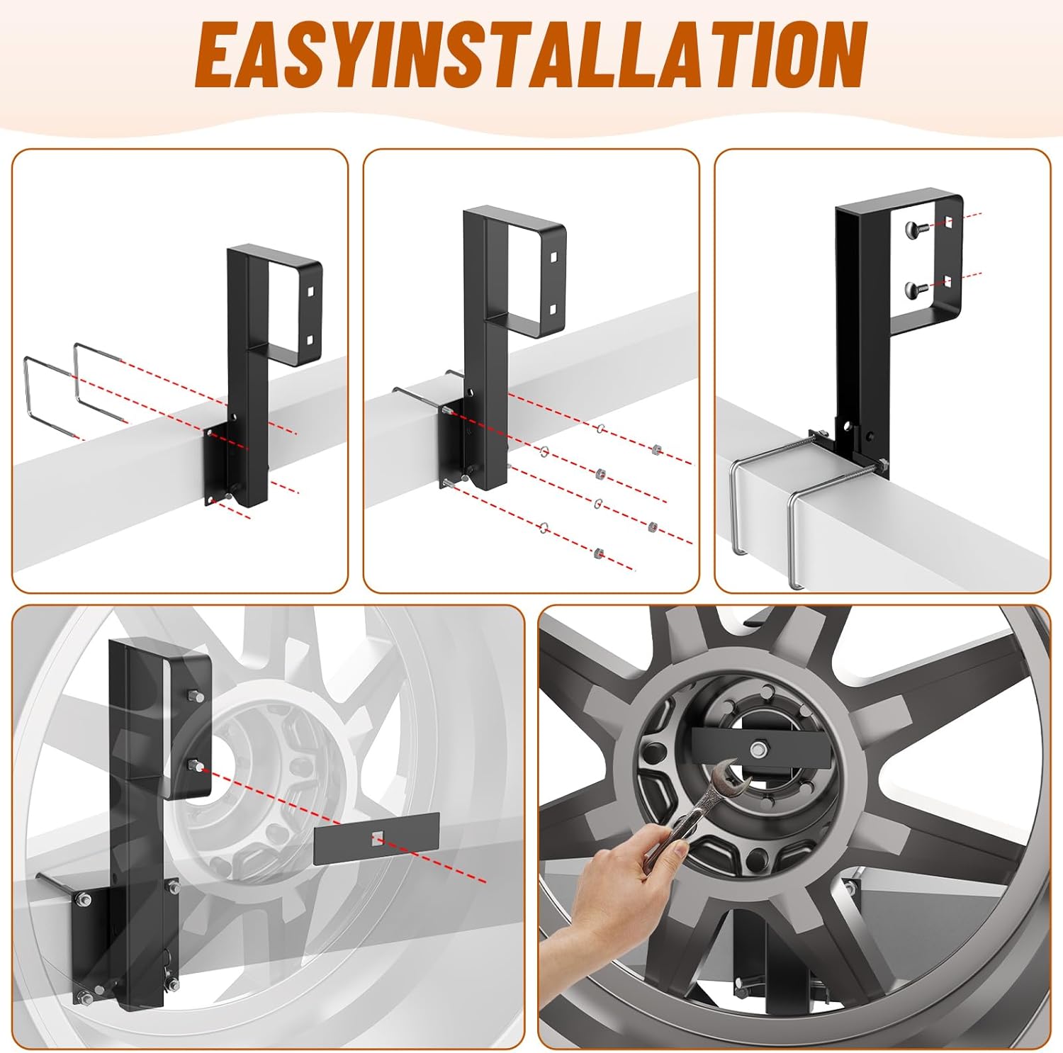 Heavy Duty Folding RV Spare Tire Carrier Mount, Folding Trailer Bracket Holder Fits 15" and 16" Wheels, Heavy Duty Spare Tire Carrier for 4" Square Bumpers, Holds Up to 150 Lbs