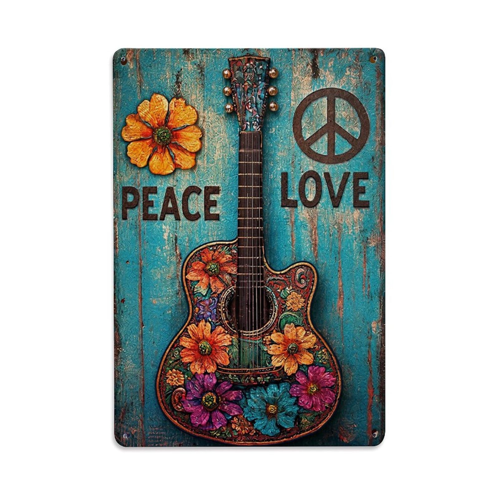 Nestemfo Vintage Floral Guitar Peace Love Sign Tin Sign Metal Sign, Living Room,Bar, Home, Bedroom Wall Decor,Retro Metal Poster 8X12 Inches