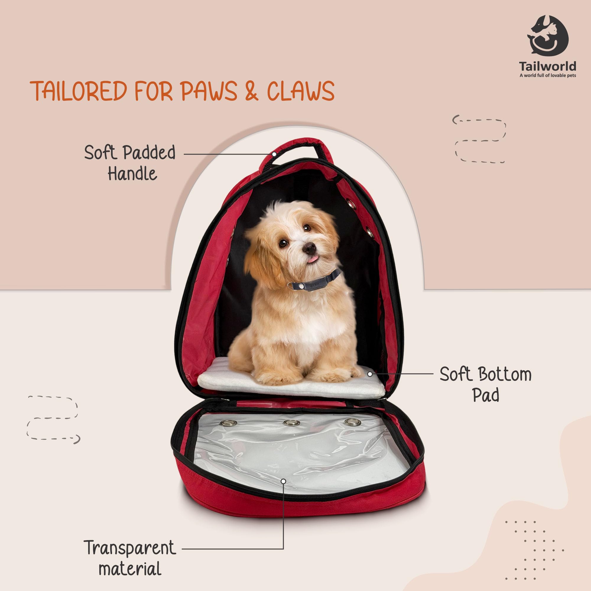 Tailworld Portable Pet Carrier Backpack for Cats & Small Dogs – Transparent Window, 9 Air Vents, Breathable Mesh, Built-in Safety Leash, Lightweight Travel Bag for Outdoor & Travel (Red) 2
