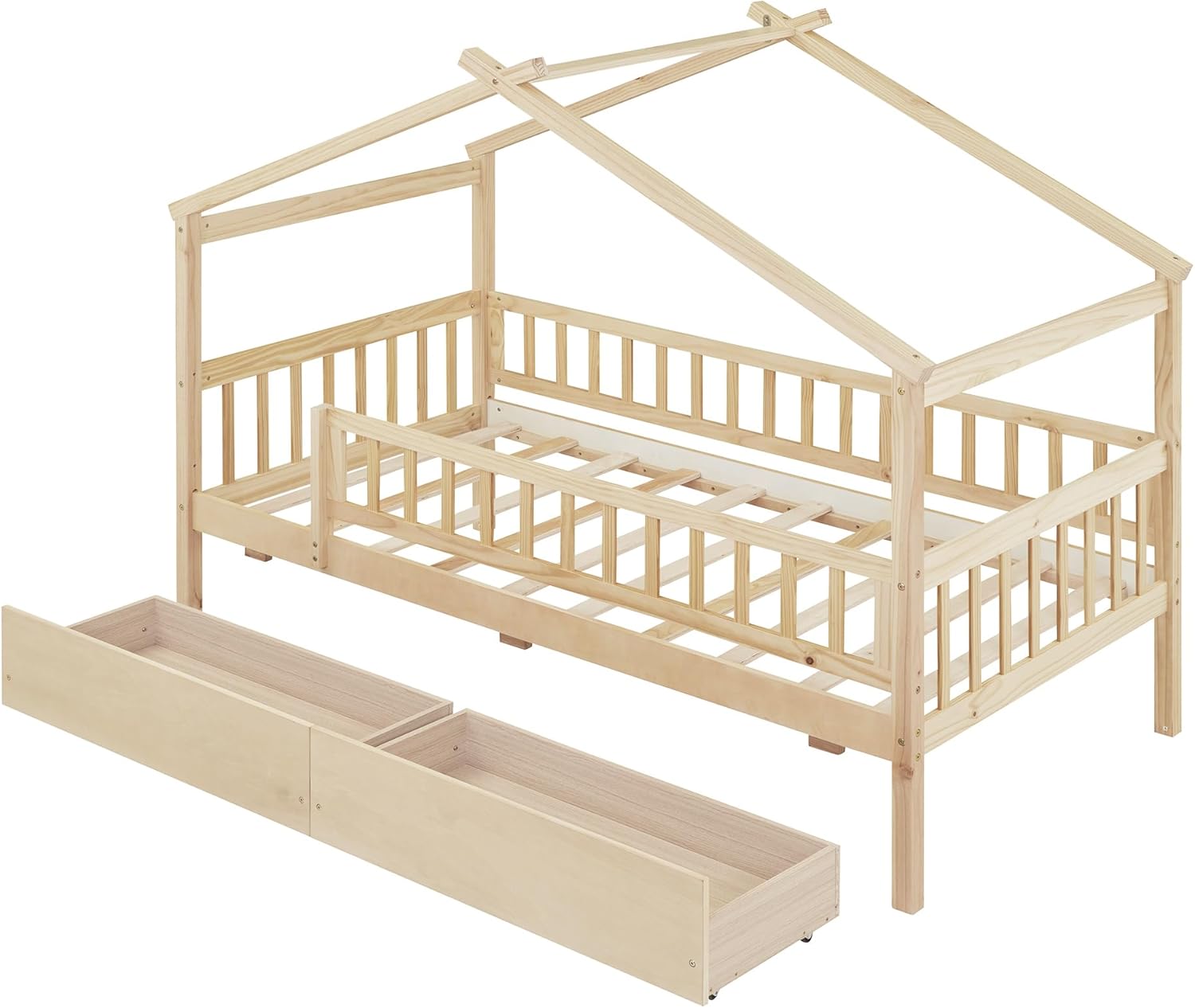 Merax Twin Size Wooden House Bed with Two Drawers, Wood Bed Frame with Roof and Safety Guardrail for Kids, Teens, Boys or Girls, Natural