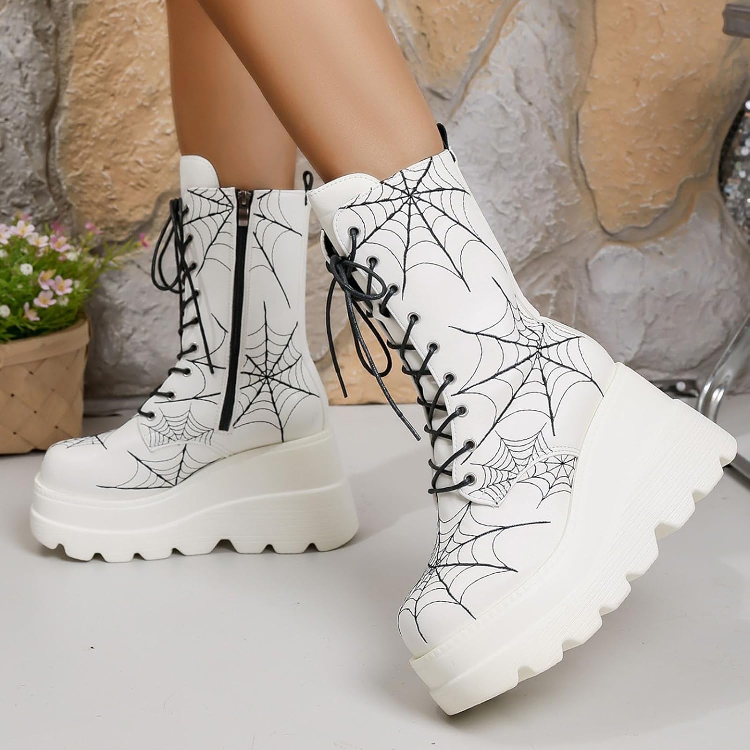 Women's Platform Mid Calf Boots Goth Lace Up Combat Boots PU Leather Spider Web Print Riding Boot Halloween Shoes