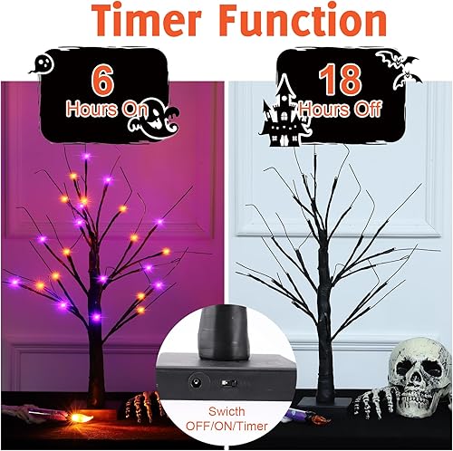 Miniatura 3 de Paquete de 2 árboles espeluznantes negros de Halloween de 24 pulgadas con luces naranjas y moradas, USB y árbol negro de mesa con pilas, con