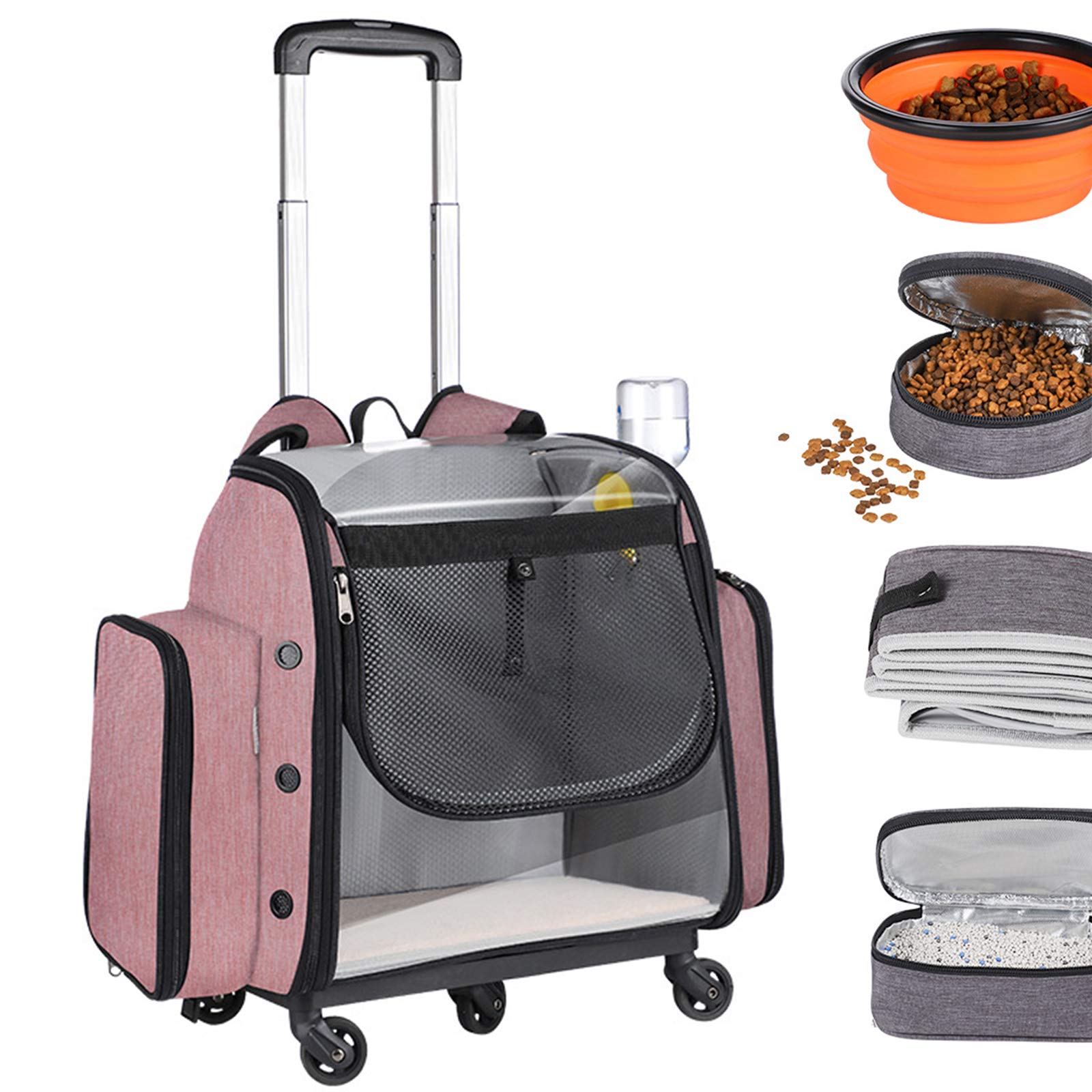 Transportador de viaje para mascotas con ruedas, transportador rodante para perros y gatos, incluye caja de comida, caja de arena, botella de agua y cuencos de viaje plegables
