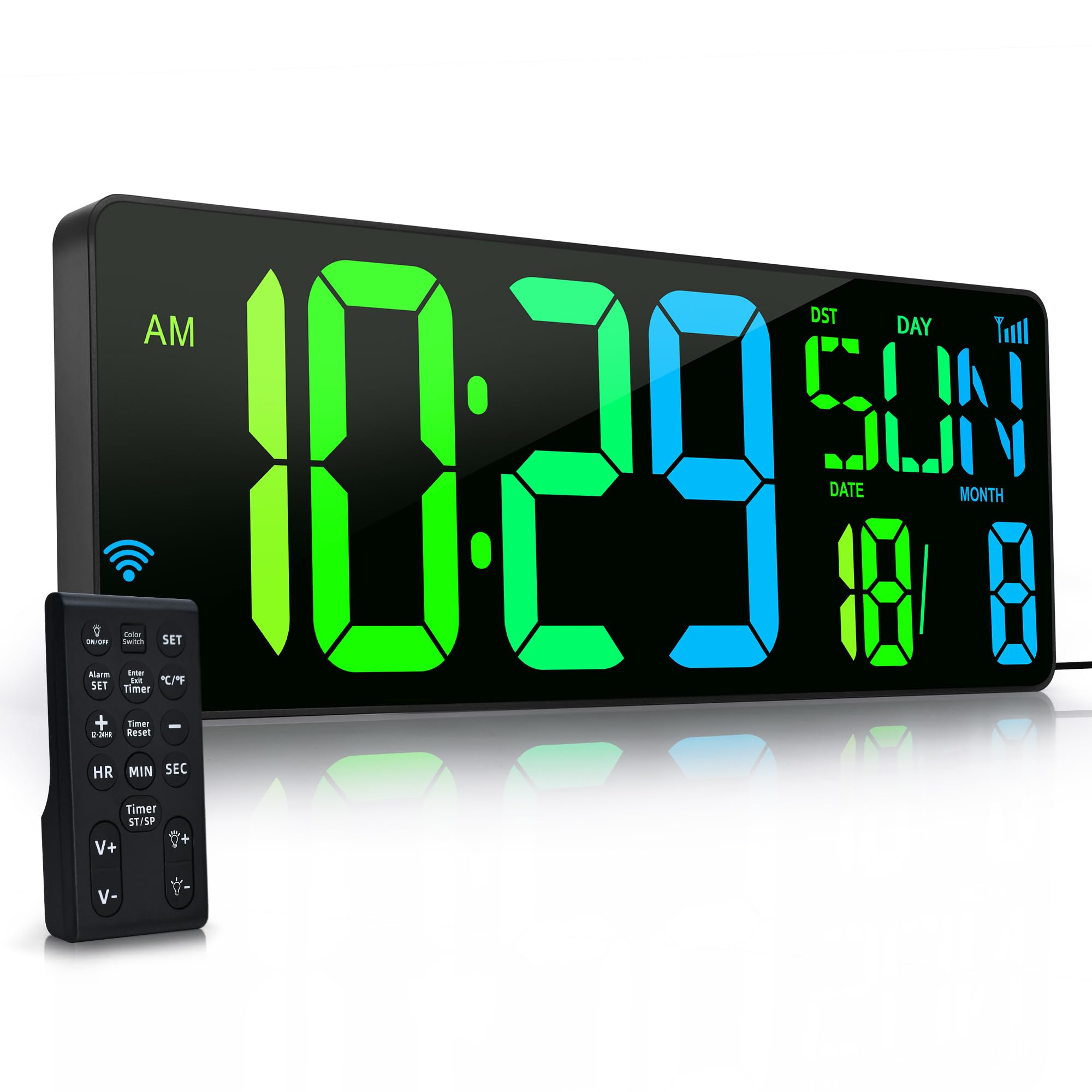 KRSTIR Large Digital Wall Clock with Remote Control 17.2" LED Large Display Timer with Temperature Date Week Auto DST Adjustable Brightness