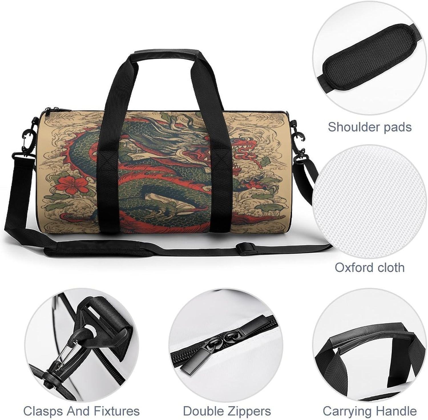 Beige Dragon Pattern Gym Bag Duffle Bags Weekender Overnight Bag image 5