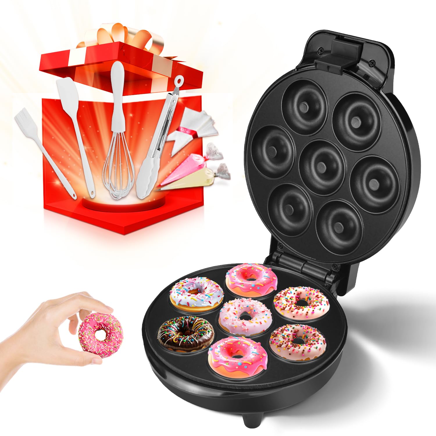 DSP Mini Donut Maker - Non-Stick, Cool Touch Electric Doughnut Machine for Mini Donuts - Perfect for Breakfast, Snacks & Desserts (Black, 7 Donuts)