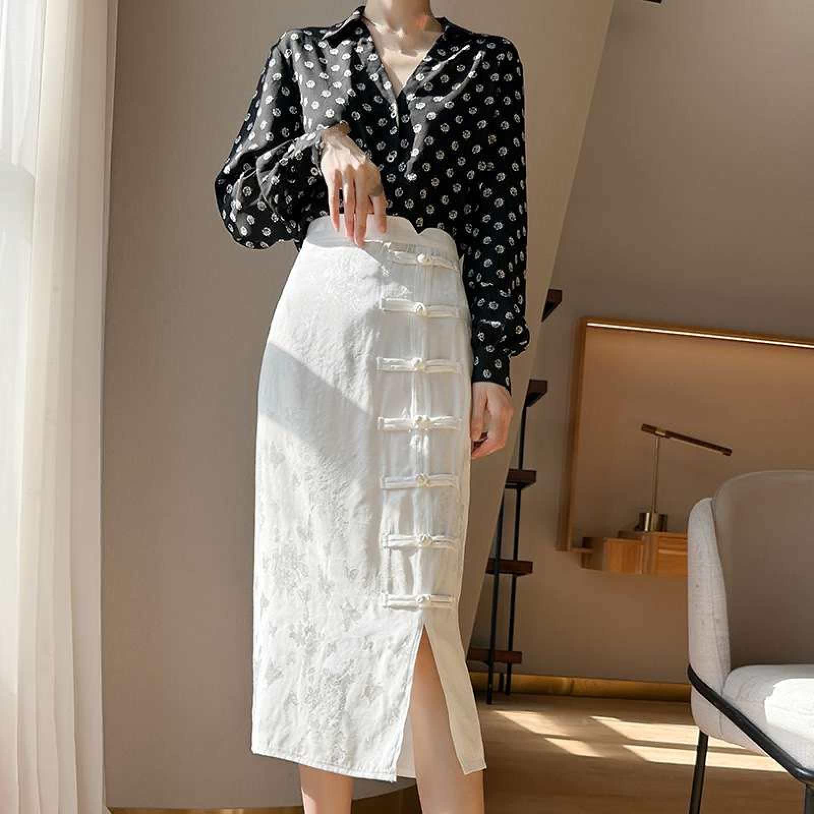 Jupe Droite en Satin De Soie pour Femme - Été Mi-Longue Taille Haute Jacquard Rétro Style Chinois Boucle Cheongsam Jupe Fendue À La Hanche, Jupe Drapée Souple Et Soyeuse À La Mode,Blan
