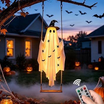 Swing Ghost Halloween Decorations Outdoor, 4.92FT Hanging Swing Ghost Indoor with Witch Hat & LED Lights & Remote Control,Spooky Ghosts Scary Decor for Tree Porch Yard Garden Lawn White