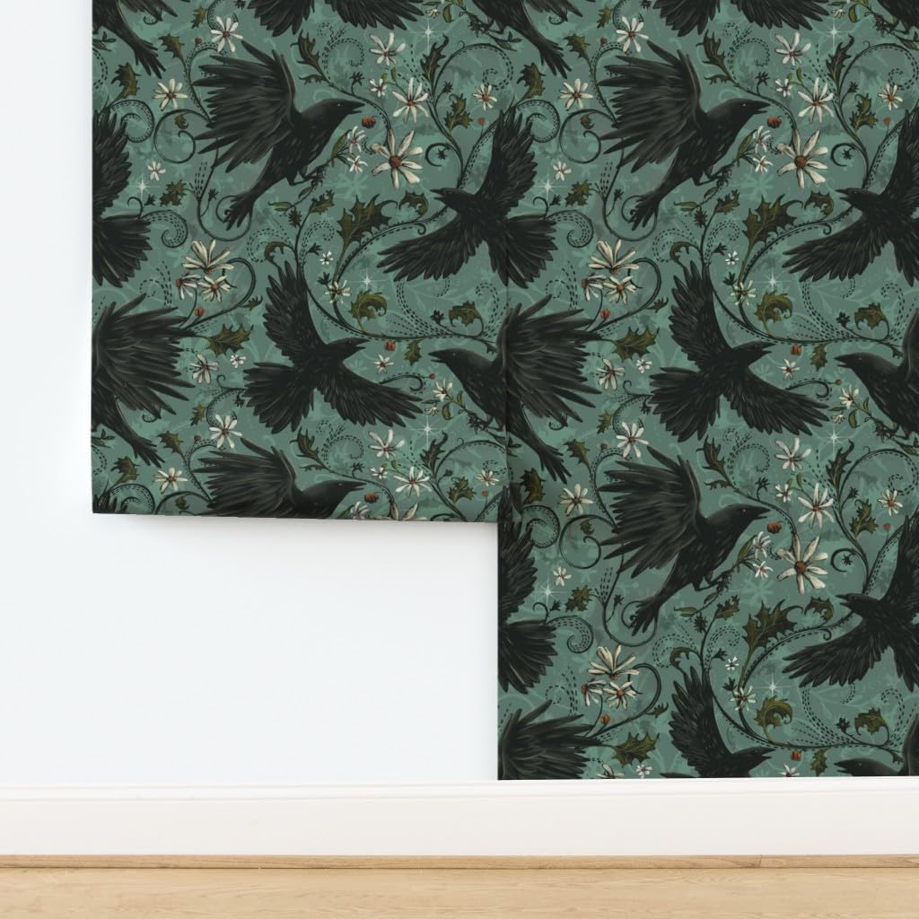 Peel & Stick Wallpaper 3ft x 2ft - Gothic Ravens Autumn Floral Halloween Bohemian Magic Dark Moody Corvid Teal Cyan Custom Removable Wallpaper by Spoonflower