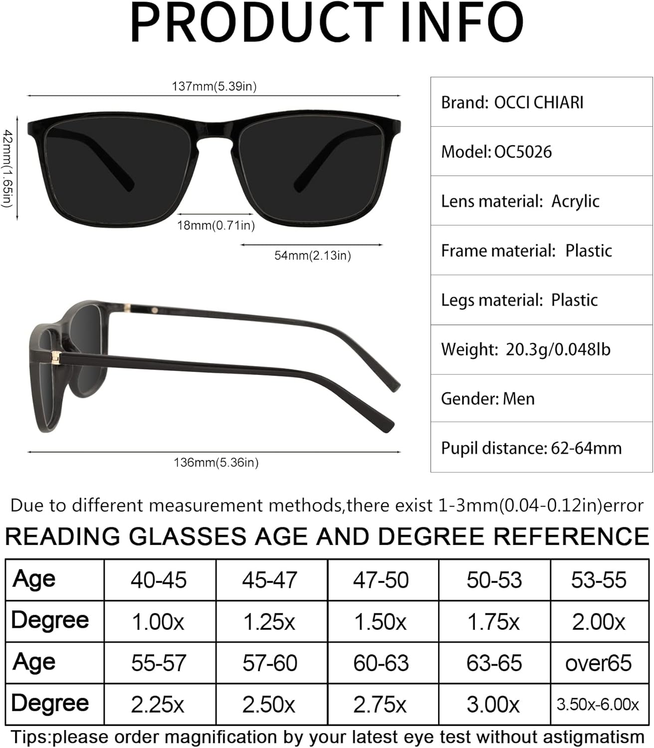 OCCI CHIARI Reading Sunglasses for Men Wide Sun Glasses Readers 1.75 Outdoor UV400(1.0 1.25 1.5 1.75 2.0 2.25 2.5 2.75 3.0 3.5)