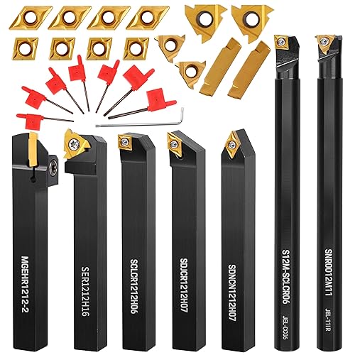 Lathe Turning Tool Kit, 7pcs 1/2'' Indexable Metal Lathe Tool Holders with 14pcs Carbide Inserts, for Turning, Boring, Grooving, Cutting & Threading, for Professionals & DIY Enthusiasts