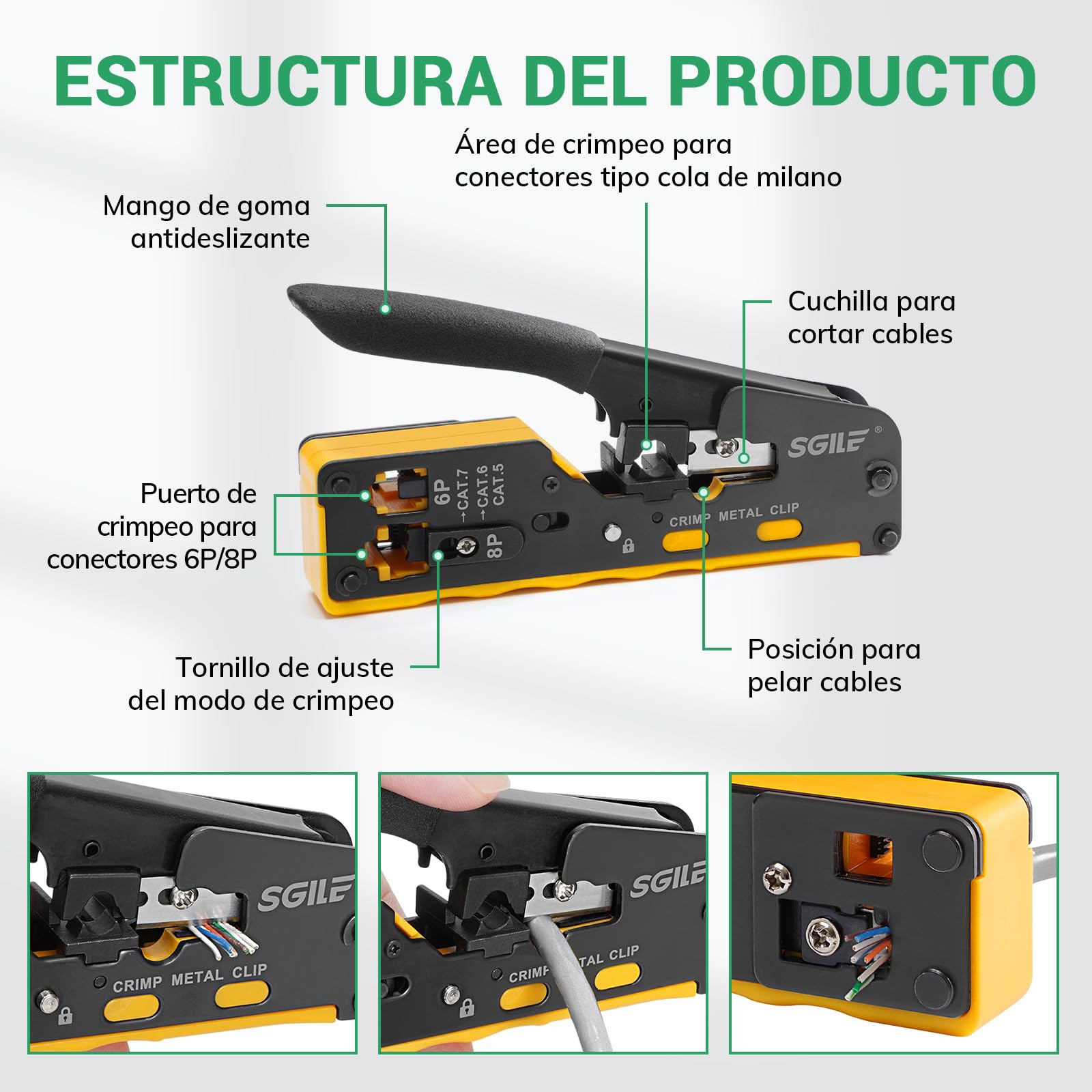 SGILE RJ45 Kit Herramientas Completo de Prensado, Cat5 Cat6 Cat7 Máquina Integrada Multifunción, Juego de Pruebas de Cable LAN de Mantenimiento Informático, 50 Conectores CAT6