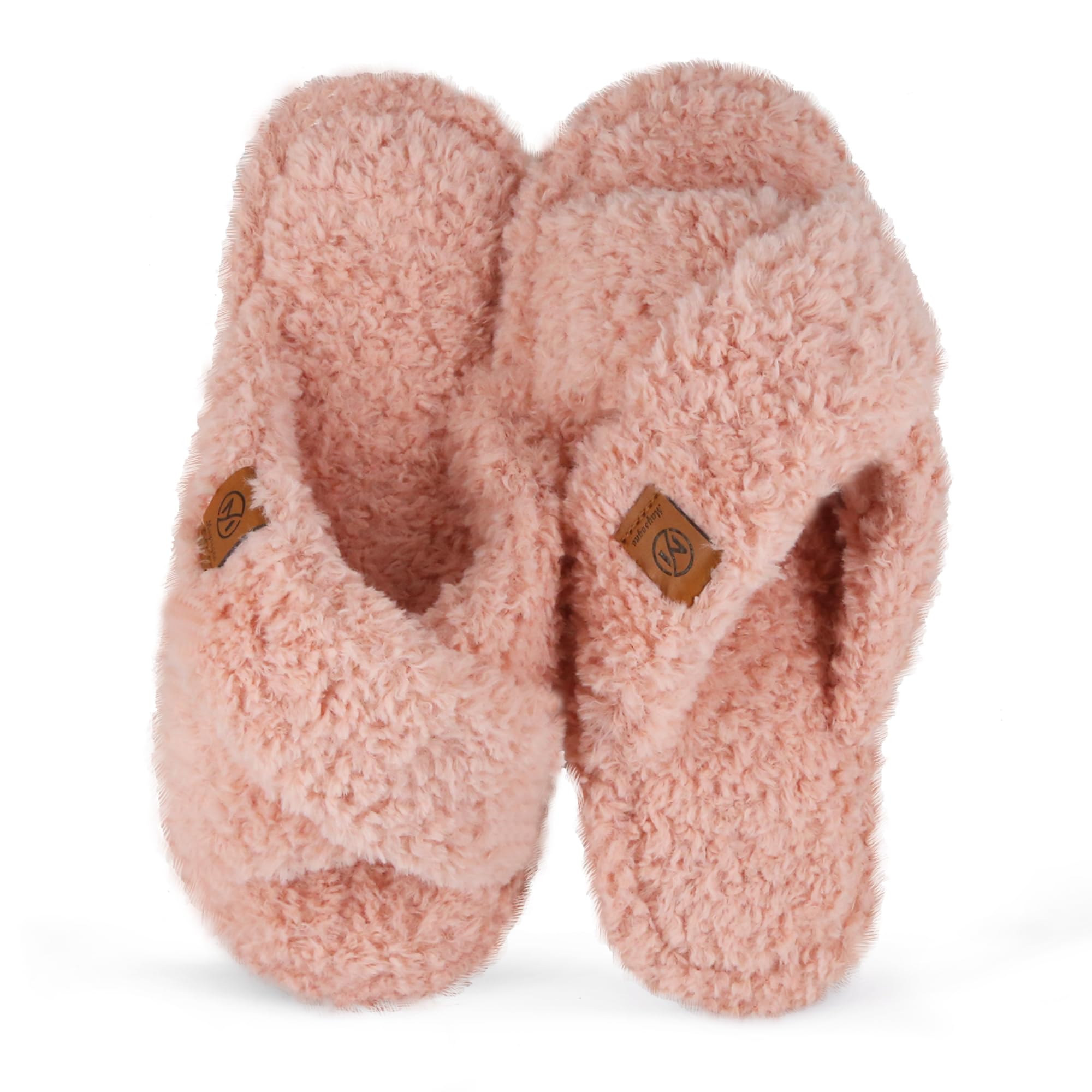 Fuzzy Memory Foam Open Toe House Slippers for Women Bedroom Cross band Slide Shoes Indoor Outdoor Sole
