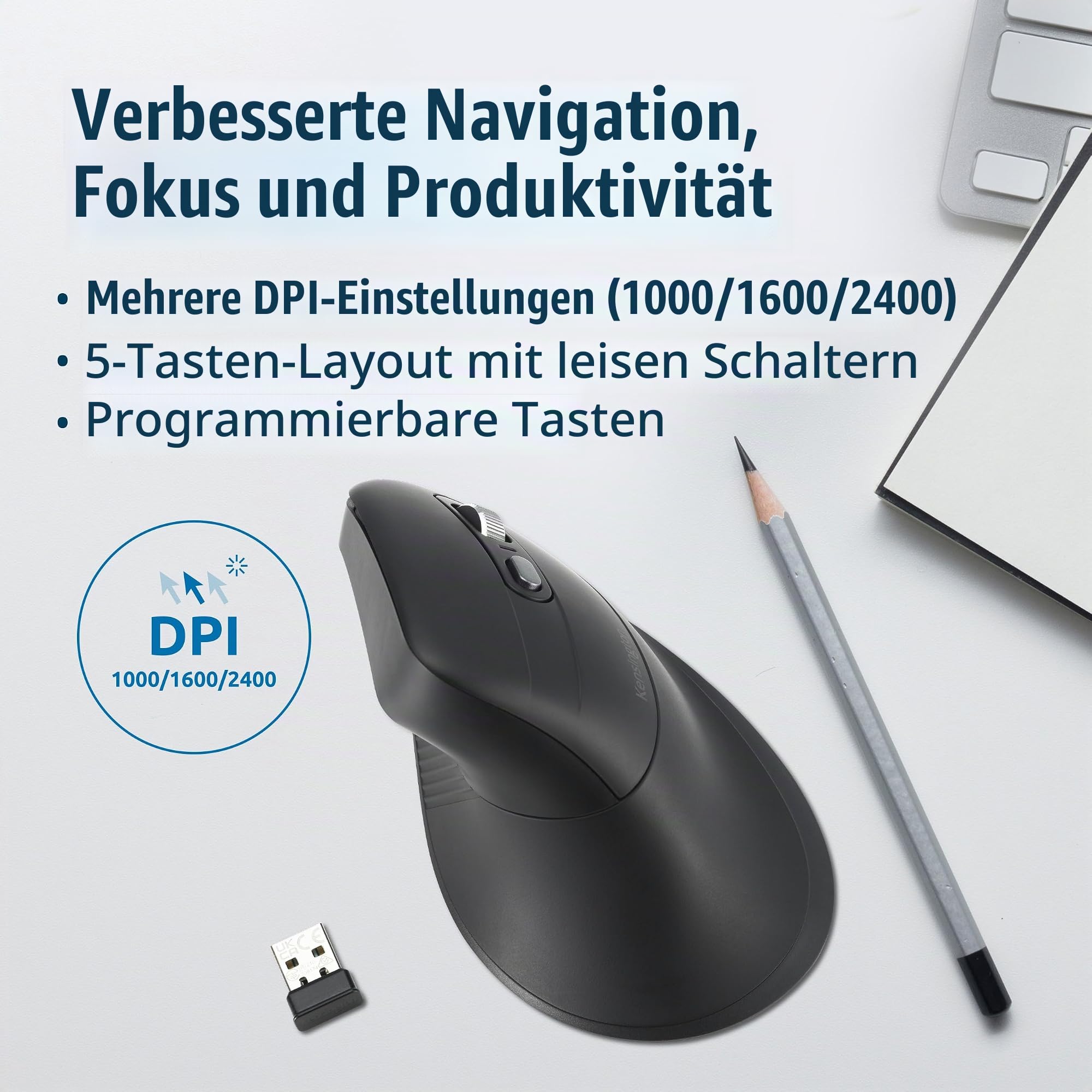 Kensington Pro Fit Ergo MY630 EQ Wiederaufladbare Bluetooth-Maus, kabellos, 55 % Recyclinganteil (PCR), PC-Maus mit 4 Monaten Batterielebensdauer pro Ladung (K72482WW)