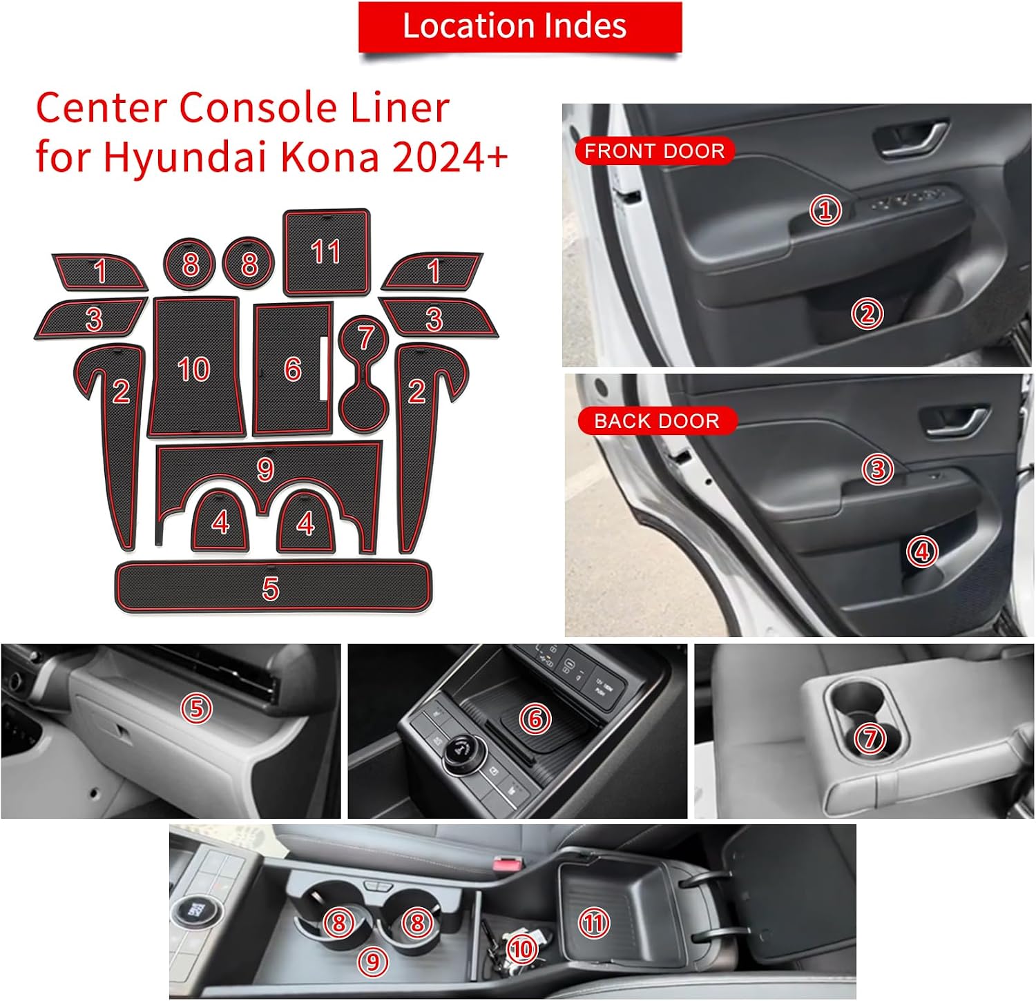 smabee 16PCS Center Console Liner for Hyundai Kona 2026 2025 2024 Cup Holders Inserts for 2025 Kona Door Slot Mats Anti-Dust Mats Interior Accessories (Red)