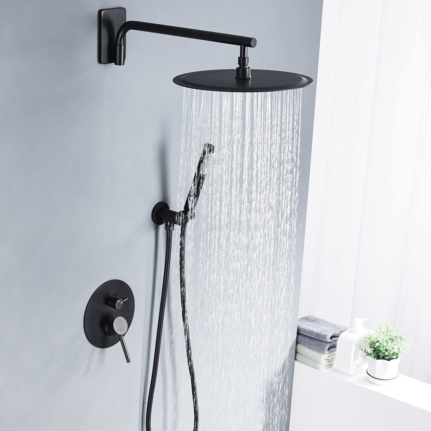 12-calowy mosiężny zestaw prysznicowy, bateria prysznicowa ścienna do łazienki z okrągłą głowicą deszczową o średnicy 30 cm i słuchawką prysznicową, mosiężny zawór mieszający wodę ciepłą i zimną, ma