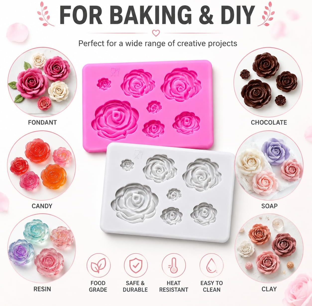 2-Piece Rose Flower Silicone Mold for Cake, Chocolate, and Wedding Cake Decorating Tools