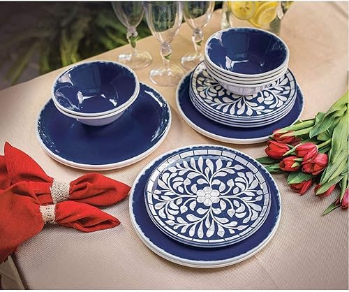 Juego de vajilla de melamina, de 18 piezas, color azul cobalto, diseño madre de las perlas
