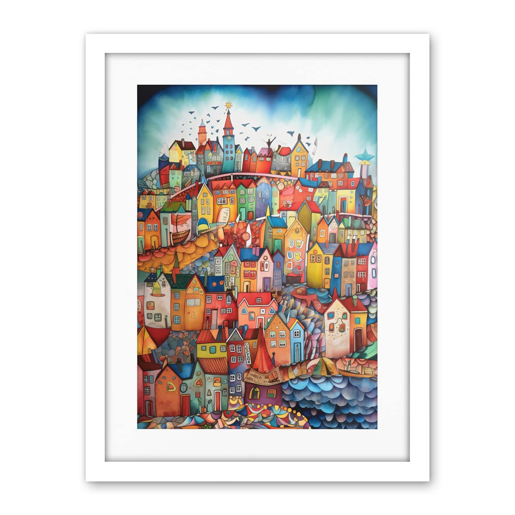Artery8 Abstract Fishing Village Folk Art Artwork Framed Wall Art Print 18X24 Inch