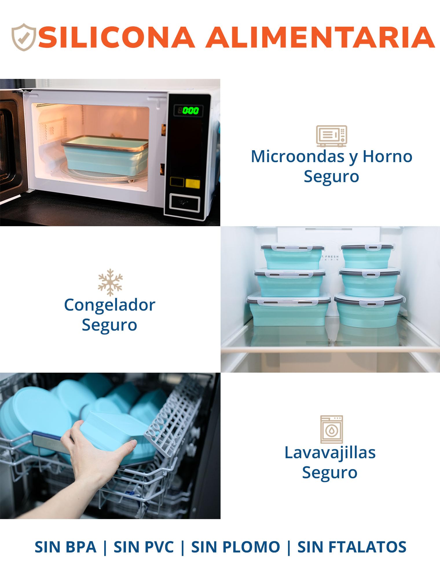 Lunememo 8 Recipientes Plegables de Silicona, Contenedores Plegables para Comida, Fiambrera Plegable para Camping, Sobras, Senderismo, Picnic, Sin BPA, Azul