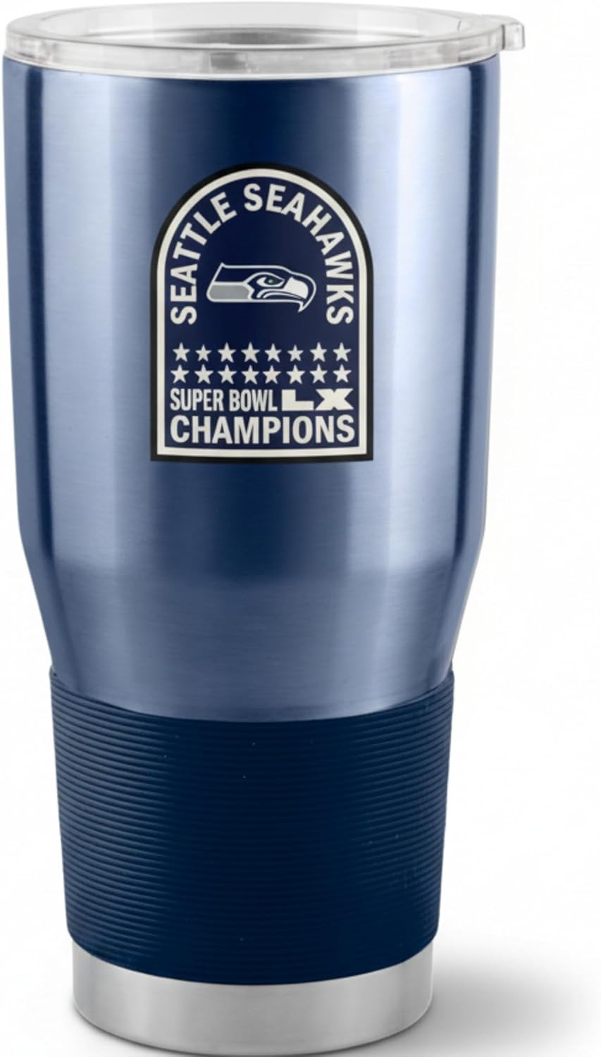 Logo Brands Seattle Seahawks Super Bowl LV Champions 30oz 18/8 Stainless Steel Tumbler – Vacuum Insulated Travel Cup with Handle & Straw – Keeps Drinks Cold 24h+