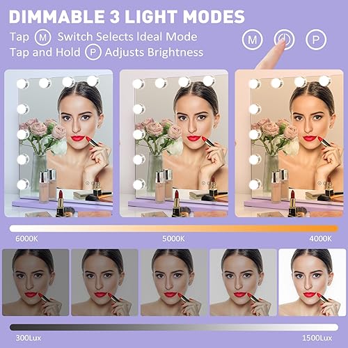 Miniatura 9 de Hollywood - Espejo de maquillaje con luces, 15 bombillas LED regulables, 3 modos de iluminación de color, espejo de maquillaje iluminado con puerto