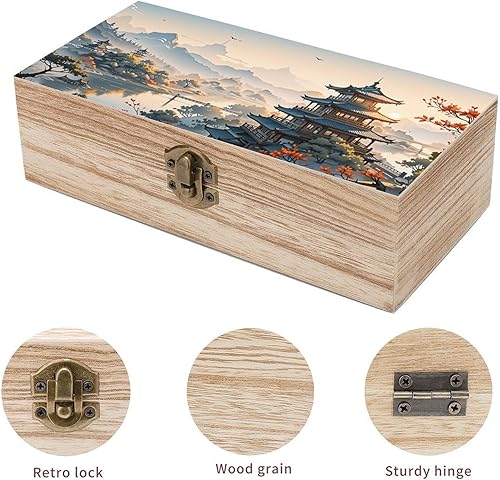 Miniatura 3 de Caja de almacenamiento de madera de paisaje de templo asiático con cerradura con bisagras, baúl decorativo hecho a mano, elegantes cajas de