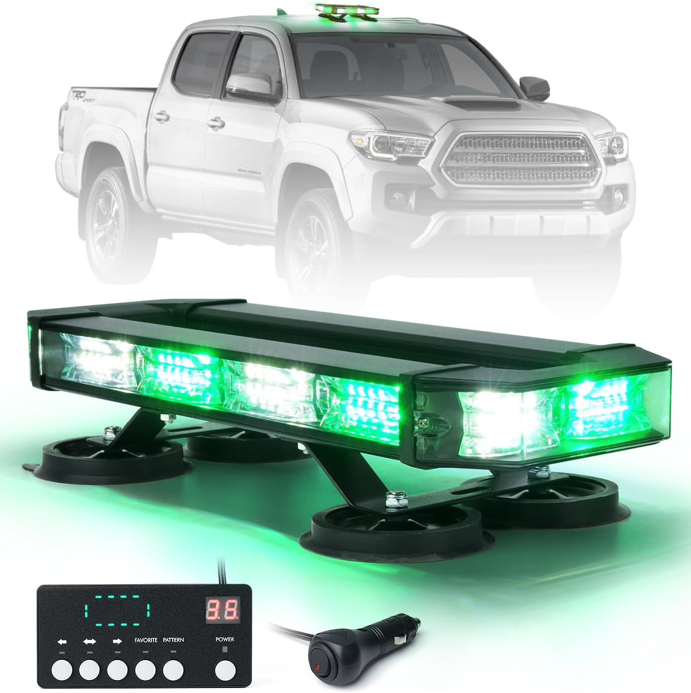 LUMENIX 72 LED Rooftop Emergency Strobe Light Bar w/Control Panel Magnetic Base Warning Flashing Beacon Caution Traffic Lightbar for Law Enforcement Vehicles Tow Trucks Snowplow - White Green