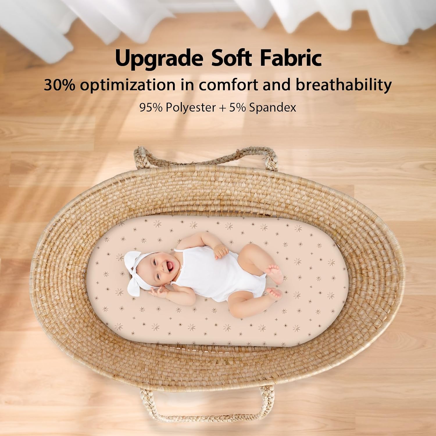 Unnivoll Baby Bassinet Sheets Girl Boy, Fitted Bassinet Sheet Set 3 Pack Bassinet Mattress Sheets Universal Fit for Rectangle, Round, Oval, Hourglass Mattress, Soft Breathable White Brown Sun God
