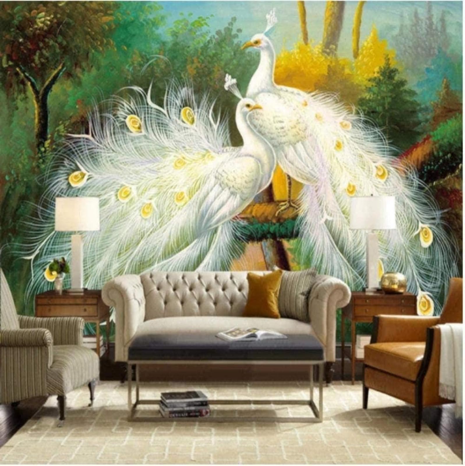 Papel Pintado 3D Decoración De La Sala De Estar Pared Animal Pareja Pavo Real Blanco Creativo Sala De Estar Sofá Tv Papel Pintado-350Cm×256Cm