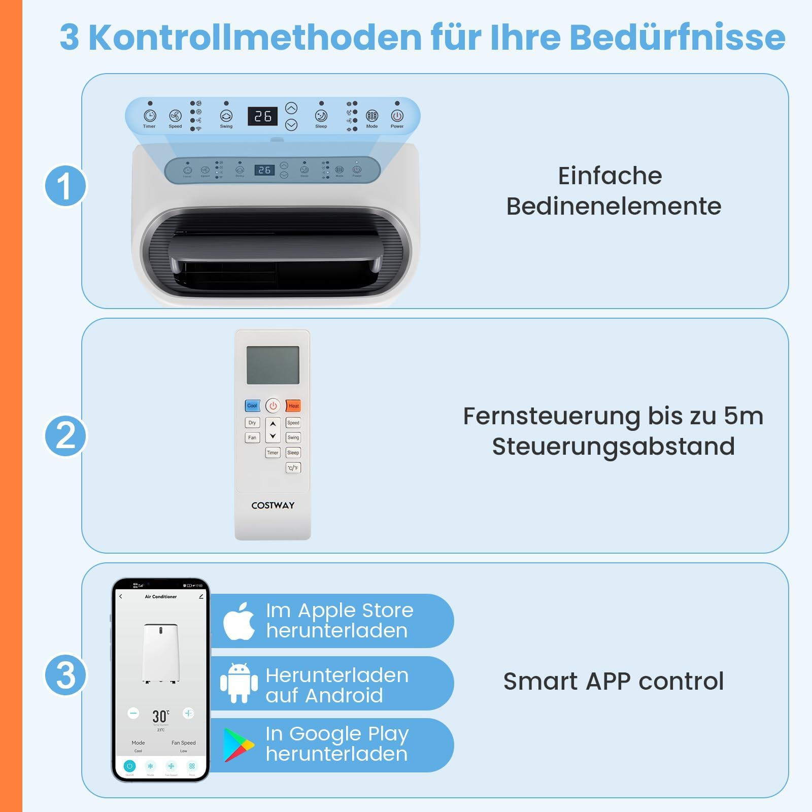 COSTWAY 14000BTU Klimagerät mit Abluftschlauch 4100W | Klimaanlage 5 in 1 Kühlen, Heizen, Entfeuchten, Schlafmodus für Räume bis zu 135 m³, Fernbedienung/App, 24H Timer